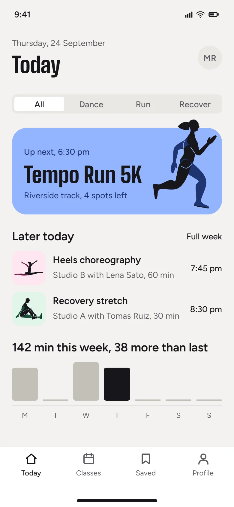 Cadence today screen with a Tempo Run 5K card, later classes and minutes this week.