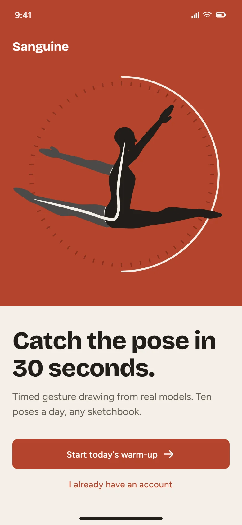 Sanguine welcome screen: a dancer silhouette in a stopwatch dial on a sanguine red field, and the headline Catch the pose in 30 seconds.